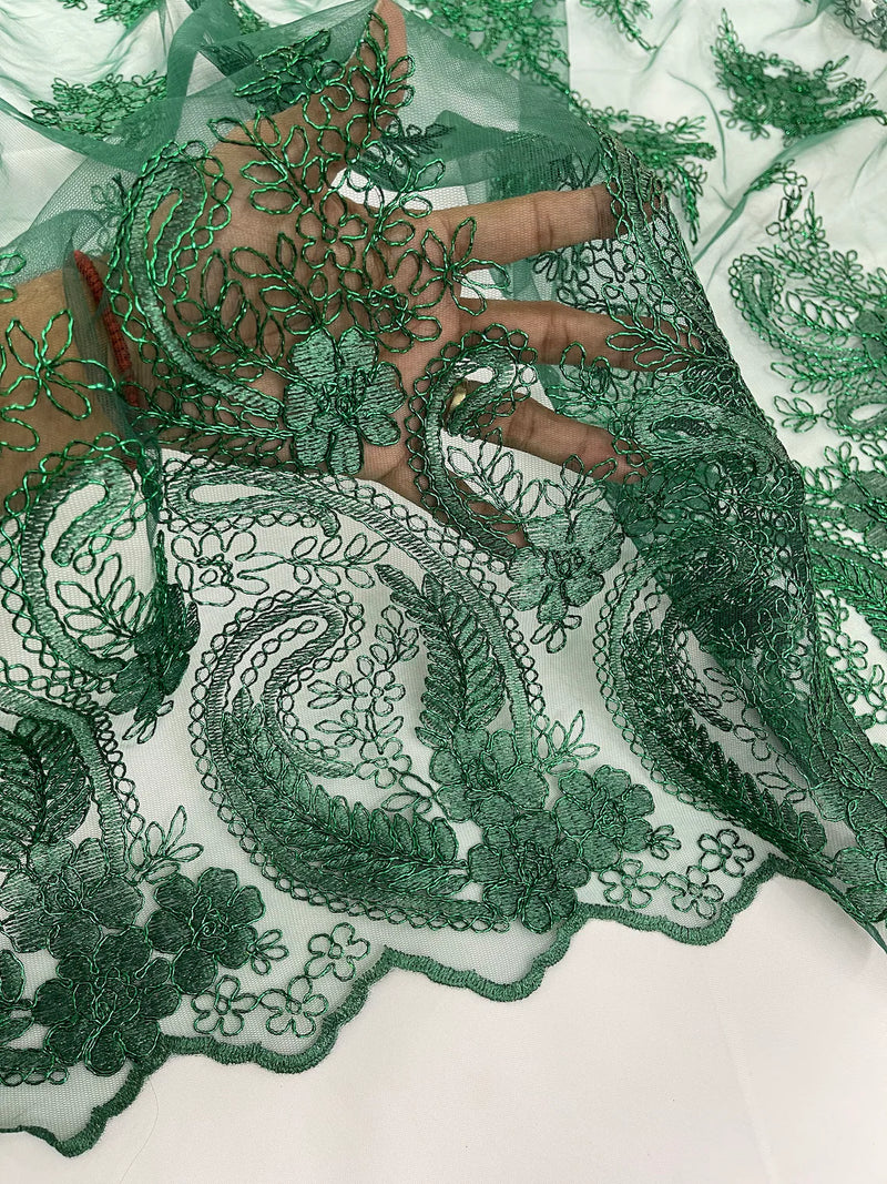 Metallic Paisley Floral Lace - Hunter Green - Corded Floral Lace with Metallic Thread on Mesh By Yard