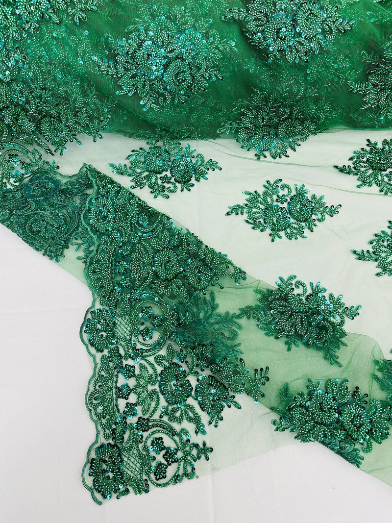 Heavy Bridal Lace Fabric - Hunter Green - Floral Beaded Heavy Lace Fabric Sold by Yard