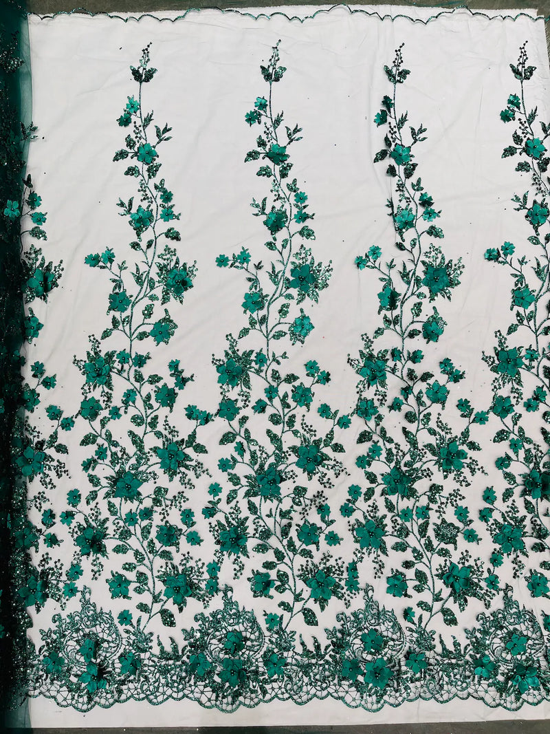 3D Glitter Floral Fabric - Hunter Green - Glitter Sequin Flower Design on Lace Mesh Fabric by Yard