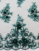 3D Rhinestone Flower Fabric - Hunter Green - 3D Flower Beaded Clusters with Sequins and Rhinestones By Yard