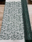 Swirl Design Bead Fabric - Hunter Green - Beaded Swirl Design with Sequins on Mesh Lace by Yard