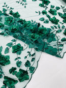 Floral 3D Pearl Fabric - Hunter Green - Embroidered Double Border Flower Design Pearl Fabric By Yard