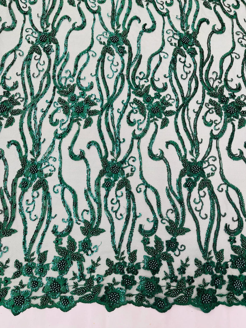 Flower Lines Bead Fabric - Hunter Green - Beaded Flower Fabric with Curled Long Lines Pattern By Yard