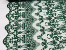Damask Beaded Glam Fabric - Hunter Green - Embroidery Beaded Fabric with Round Beads Sold By The Yard