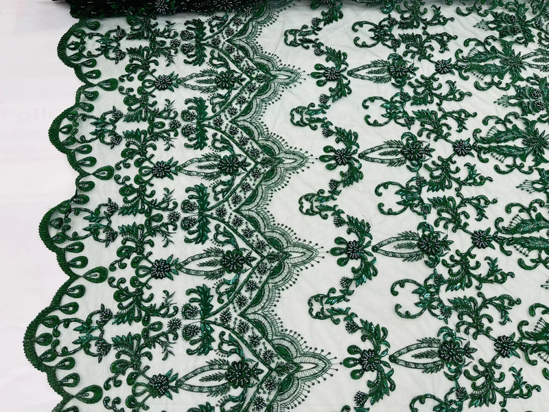 Damask Beaded Glam Fabric - Hunter Green - Embroidery Beaded Fabric with Round Beads Sold By The Yard