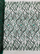 Floral & Leaf Pattern Bead Fabric - Hunter Green - Embroidered Beaded Rhinestone on a Mesh, Sold By Yard