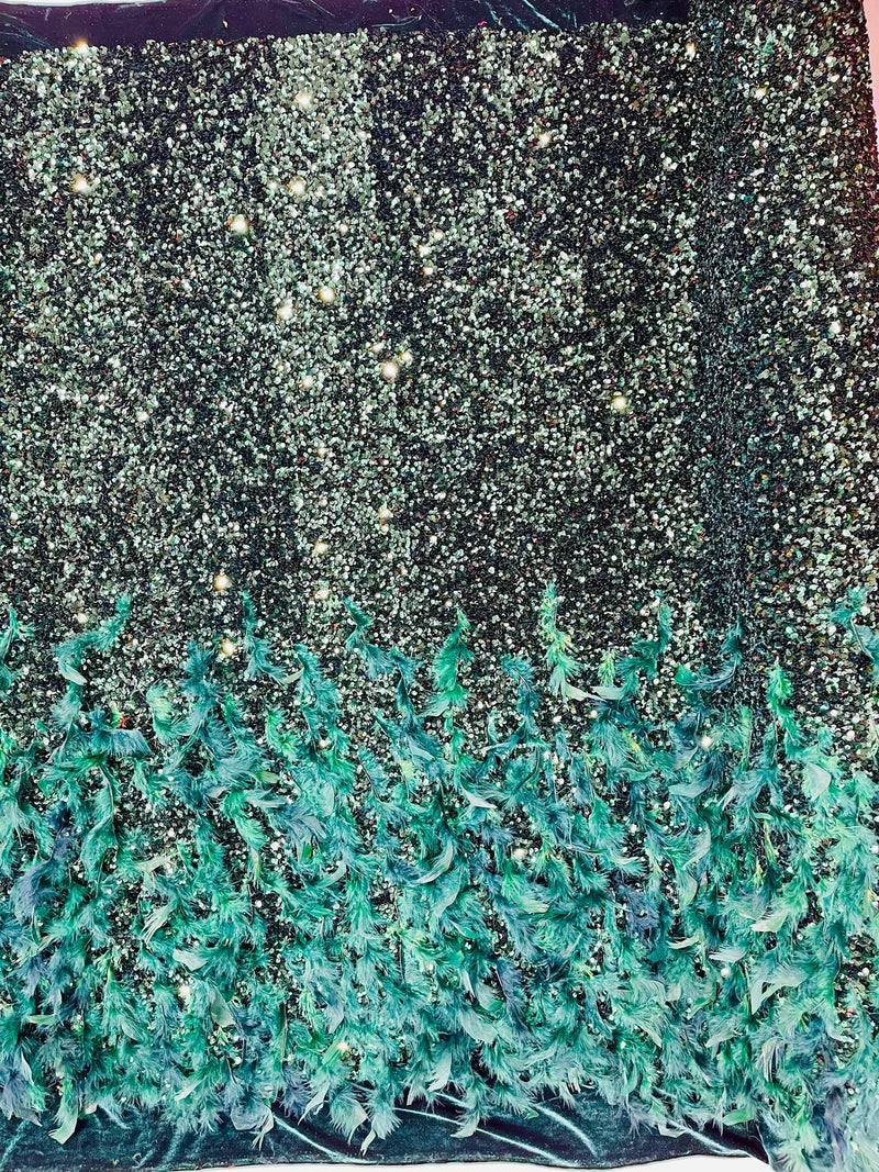 Feather Sequin Velvet Fabric - Hunter Green - 5mm Sequins Velvet 2 Way Stretch 58/60" Fabric By Yard