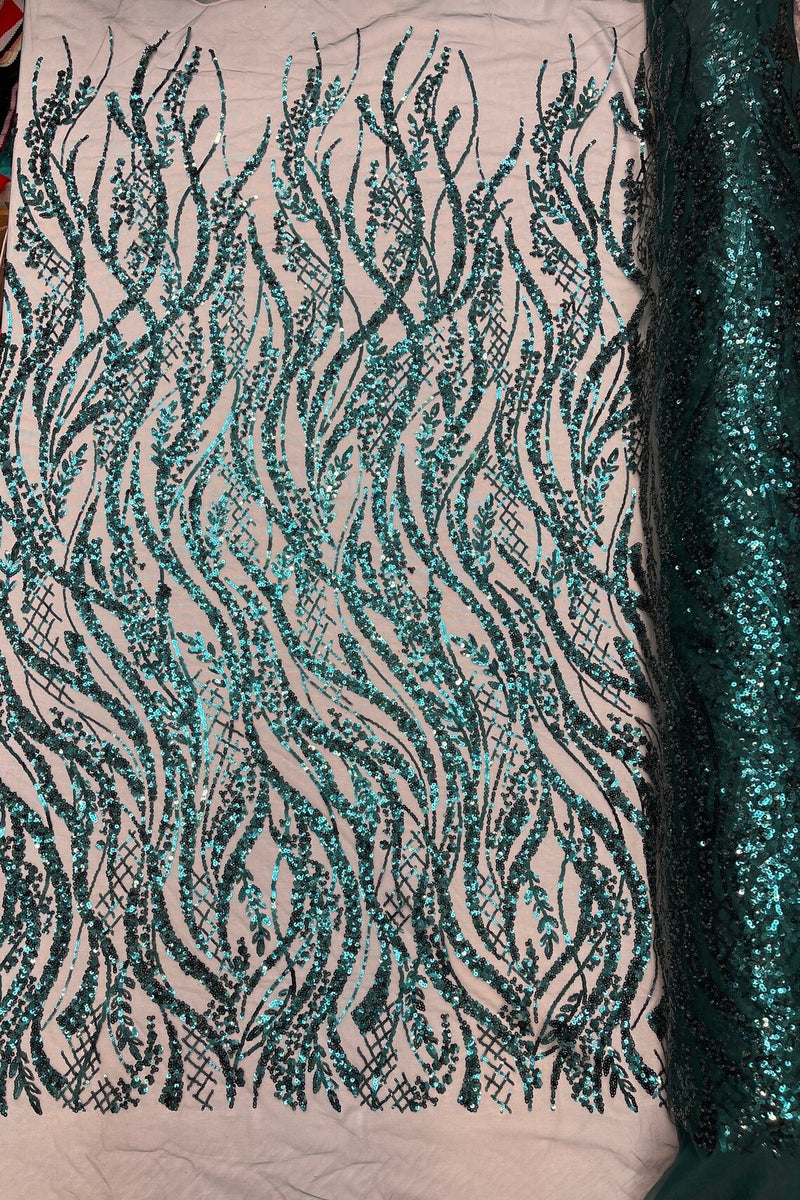 Wavy Floral Beaded Fabric - Hunter Green - Geometric Beaded Sequins Embroidered Fabric Sold By Yard