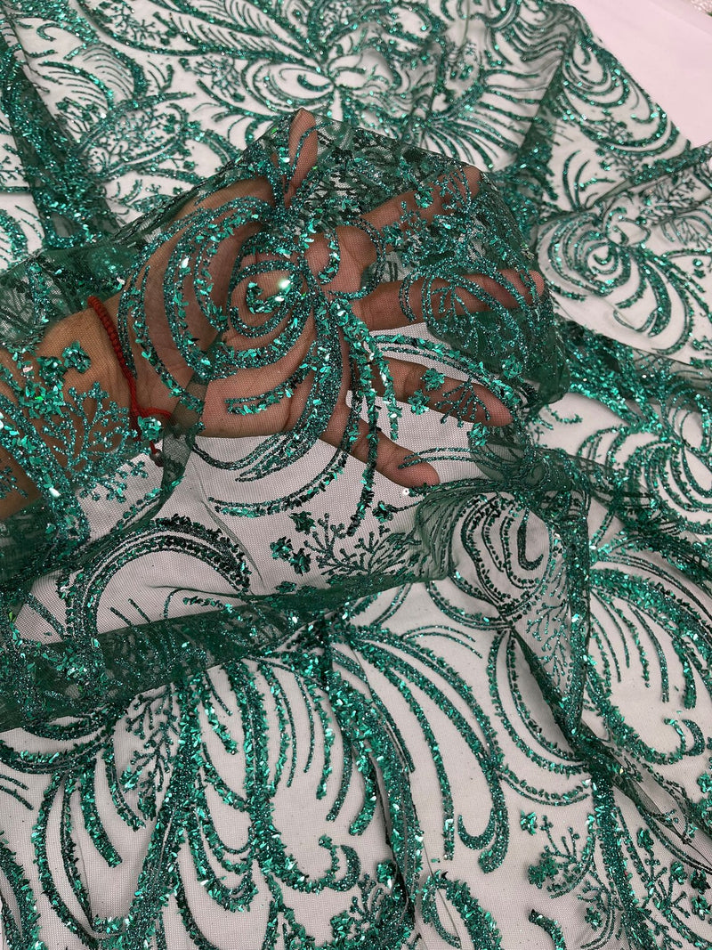 Palm Leaf Design Glitter Fabric - Hunter Green - Tulle Glitter Mesh Line Design Fabric Sold By Yard