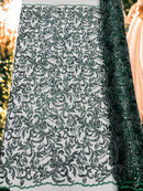 Floral Leaf Bead Fabric - Hunter Green - Leaf Design Shiny Beads and Sequins on Lace Mesh by Yard