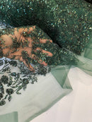 Floral Plant Bead Design - Hunter Green - Beaded Flower Plants Embroidered  Sequins Fabric By Yard