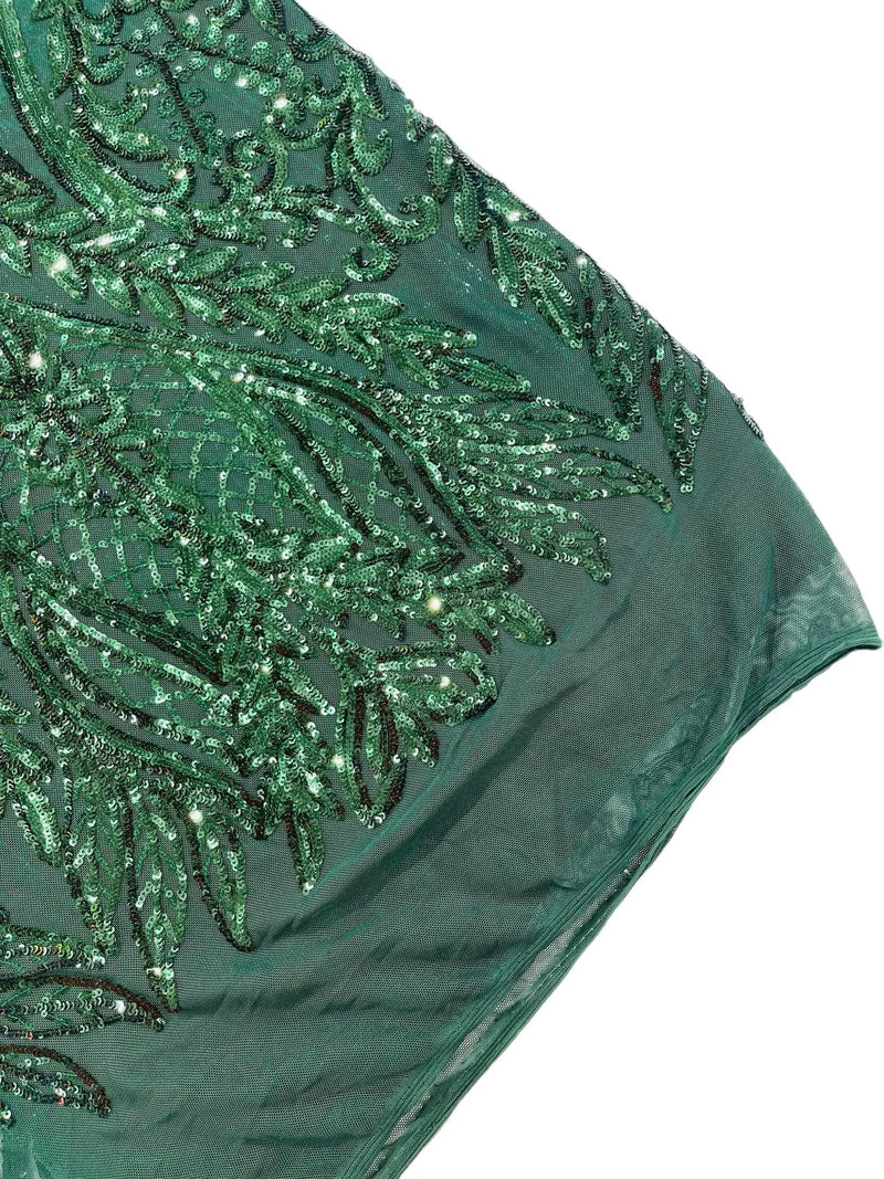 Mermaid Design Fabric - Hunter Green - 4 Way Stretch Sequins Fabric on Lace Mesh Sold By Yard