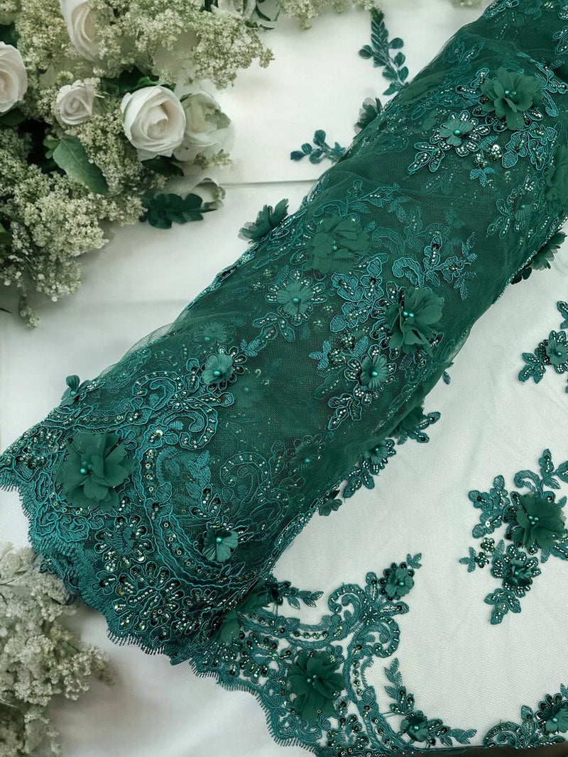 3D Floral Sequins Design - Hunter Green - Embroidered Floral Lace Fabric With Sequins / Pearls By Yard