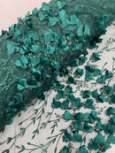 3D Glitter Floral Fabric - Hunter Green - Floral Line Glitter Designs on Mesh Fabric Sold By Yard