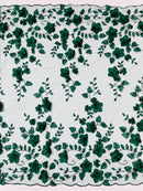 Floral 3D Pearl Fabric - Hunter Green - Embroidered Double Border Flower Design Pearl Fabric By Yard