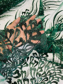 Wavy Lines Leaf Bead Fabric - Hunter Green - Embroidered Leaf Beaded Mesh By Yard