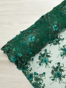 3D Flower Pearl Design - Hunter Green - Embroidered Sequins Floral Clusters Lace Fabric By Yard