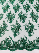 Beaded Sequins Floral Fabric - Hunter Green - Embroidered Beaded Floral Clusters Sequins Fabric By Yard