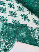 3D Floral Fabric - Hunter Green - Embroidered Flower with Rhinestone and Sequins Fabric By Yard