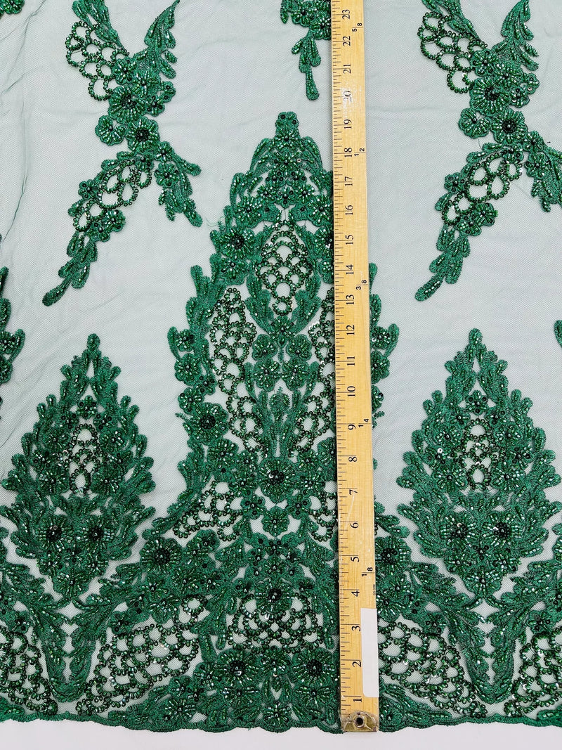 Beaded Floral Fabric - Hunter Green - Luxury Bridal Floral Pattern Fabric With Beads, Sequins Sold By Yard