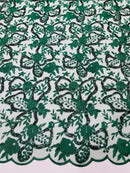Flower Plant Sequins Fabric - Hunter Green - Embroidered Sequins On Flower Pattern Lace By Yard