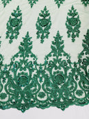 Embroidered Bead Fabric - Hunter Green - Floral Damask Bead Bridal Lace Fabric by the yard