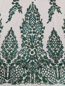 Fancy Rhinestone Glitter Fabric - Hunter Green - Embroidered Damask Design Glitter Mesh Fabric by Yard