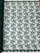 Sequin Lace Floral Fabric - Hunter Green - Flower Embroidered Sequins Lace Fabric Sold By Yard