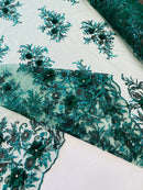 3D Rhinestone Flower Fabric - Hunter Green - 3D Flower Beaded Clusters with Sequins and Rhinestones By Yard