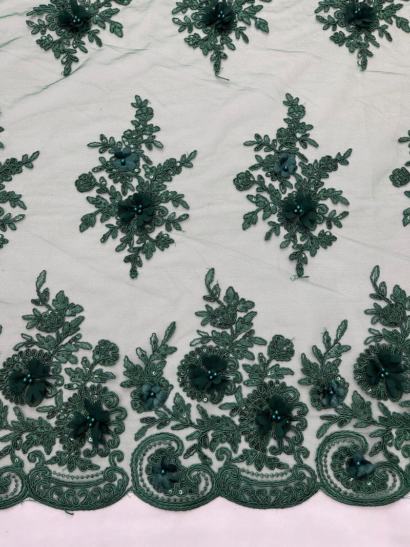 3D Floral Valentina Lace Fabric - Hunter Green - Sequins and Beads on Flower Design Fabric By Yard