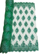 Heavy Bridal Lace Fabric - Hunter Green - Floral Beaded Heavy Lace Fabric Sold by Yard