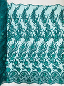 3D Floral Leaf Line Panels - Hunter Green - 3D Embroidered Flower Lines with Pearls on Lace By Yard