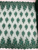 3D Floral Fabric with Pearls - Hunter Green - Embroidered Flower and Leaf Patterns on Lace Fabric by Yard