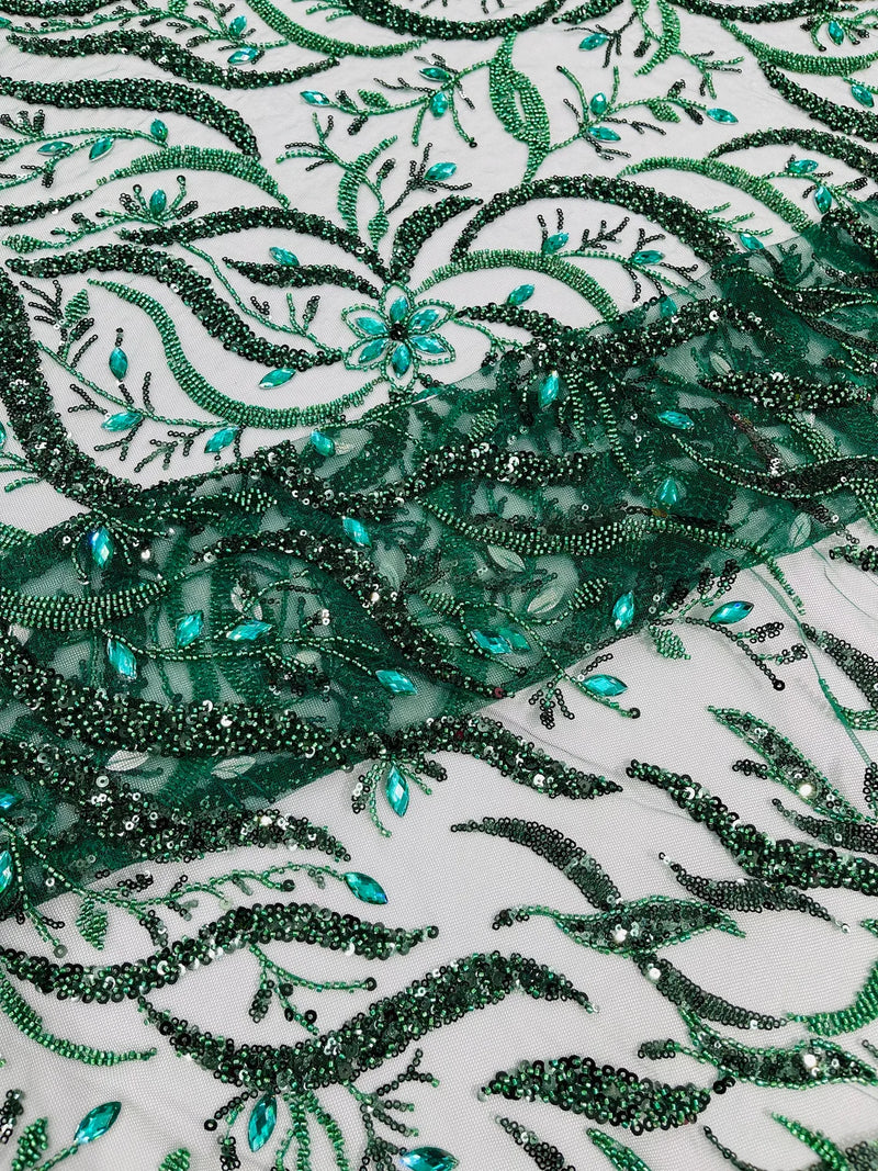 Floral & Leaf Pattern Bead Fabric - Hunter Green - Embroidered Beaded Rhinestone on a Mesh, Sold By Yard