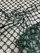 Diamond Net Bead Fabric - Hunter Green - Geometric Embroidery Beaded Sequins Fabric Sold By The Yard