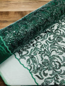 Floral Leaf Bead Fabric - Hunter Green - Leaf Design Shiny Beads and Sequins on Lace Mesh by Yard