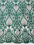Leaf Damask Bead Fabric - Hunter Green - Embroidered Sequins Heavy Beaded Lace Fabric by Yard
