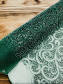 Swirl Design Bead Fabric - Hunter Green - Beaded Swirl Design with Sequins on Mesh Lace by Yard