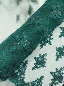Floral Damask Bead Fabric - Hunter Green - Embroidered Floral Clusters with Beads / Sequins by Yard