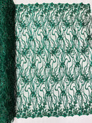 Flower Lines Bead Fabric - Hunter Green - Beaded Flower Fabric with Curled Long Lines Pattern By Yard