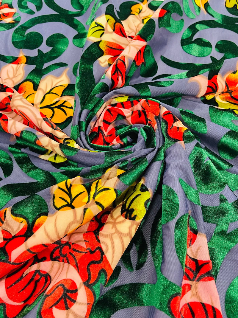 Floral Burnout Stretch Velvet - Hunter Green - Multi-Color Velvet Burnout Fabric Sold By The Yard
