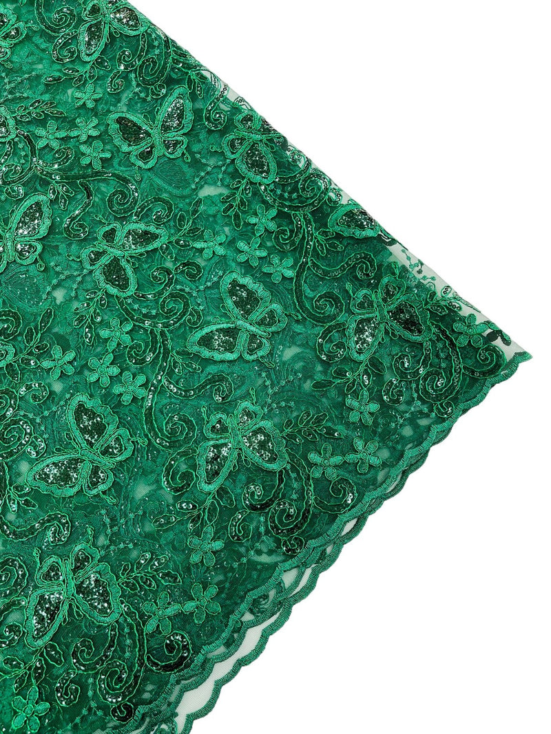 Butterfly Floral Lace Fabric - Hunter Green - Butterfly Flower Metallic Design on Lace Fabric By Yard