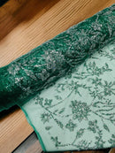 Floral Silver Bead Fabric - Hunter Green - Beaded Flower Design with Sequins on Lace Mesh by Yard