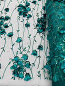 3D Floral Glitter Fabric - Hunter Green - 3D Sequins and Glitter Floral Design on Mesh Sold By Yard