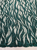 Flaming Fire Design Bead Fabric - Hunter Green - Beaded Embroidered Fabric By Yard
