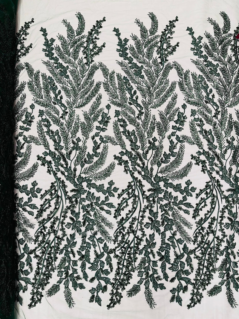 Leaf Pattern Sequins Fabric - Hunter Green - Natural Leaf Beads and Sequins Lace Fabric by the yard