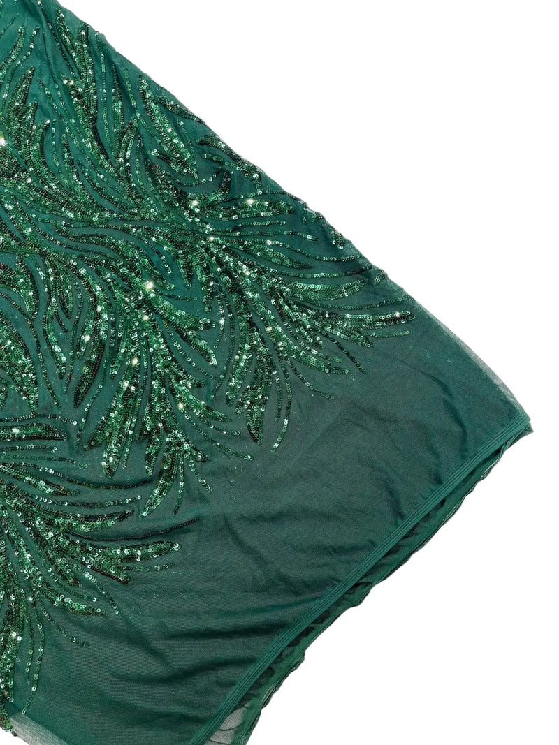 Leaf Stretch Sequins Fabric - Hunter Green - 4 Way Stretch Sequins on Lace Mesh Fabric by Yard