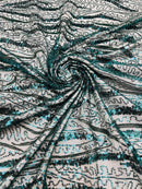 Wavy Leaf Lines Fabric - Hunter Green - Beaded Sequins Leaf Pattern Embroidered On Mesh By Yard