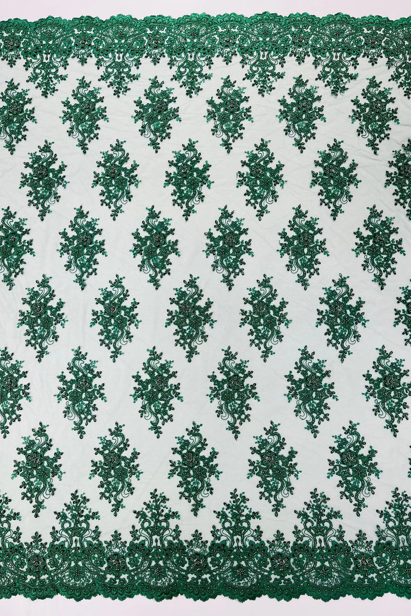 Isabela Design - Hunter Green - Embroidery Beaded Fabric With Sequin on a Mesh Fabric by the yard