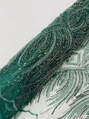 Beaded Line Fabric - Hunter Green - Luxury Bridal Line Pattern Fabric With Beads, Sequins Sold By Yard